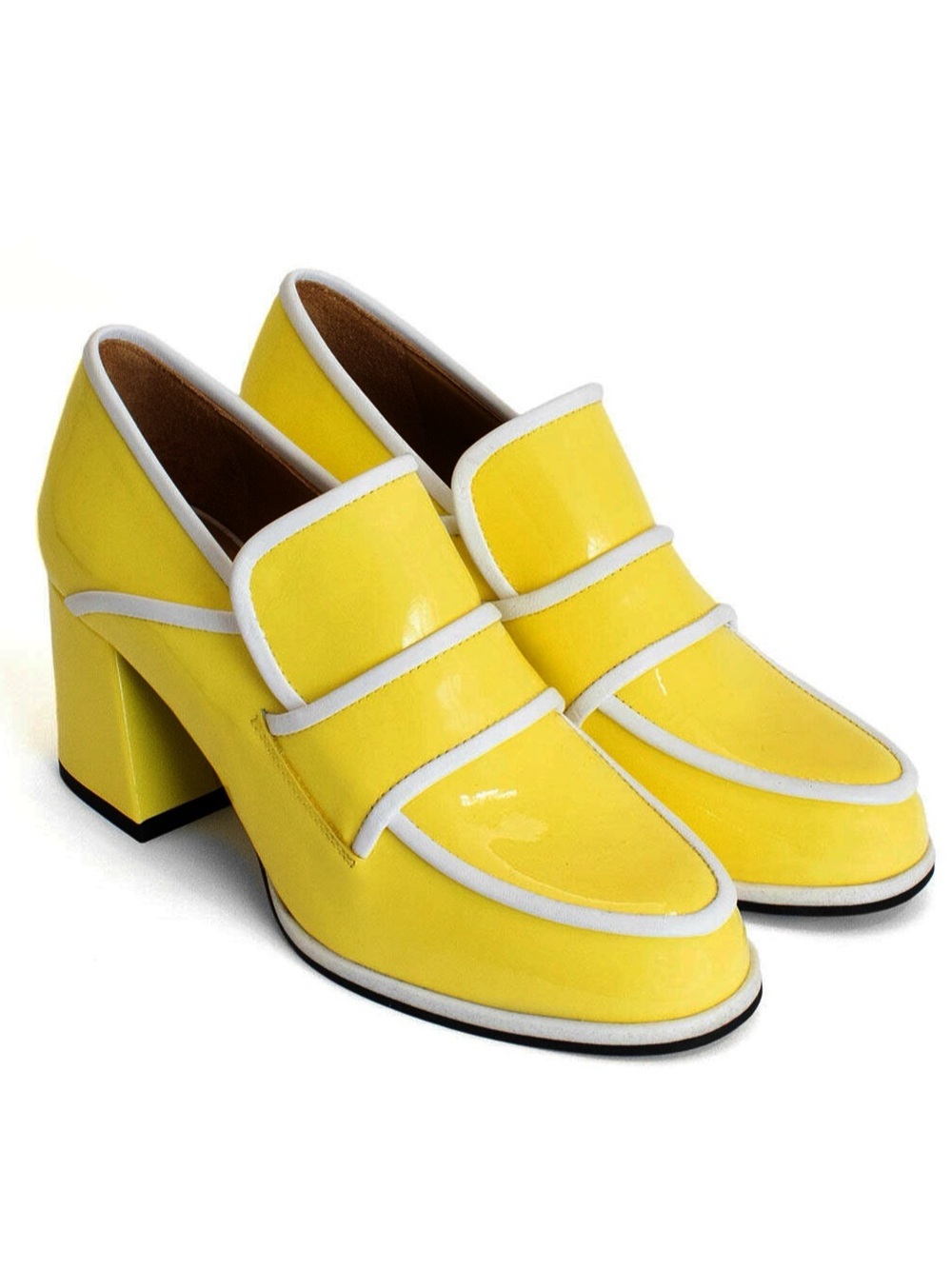 🆕{John Fluevog}Clouds Of Joy Nimbus Yellow & White Patent 
Contrast Loafer Heels